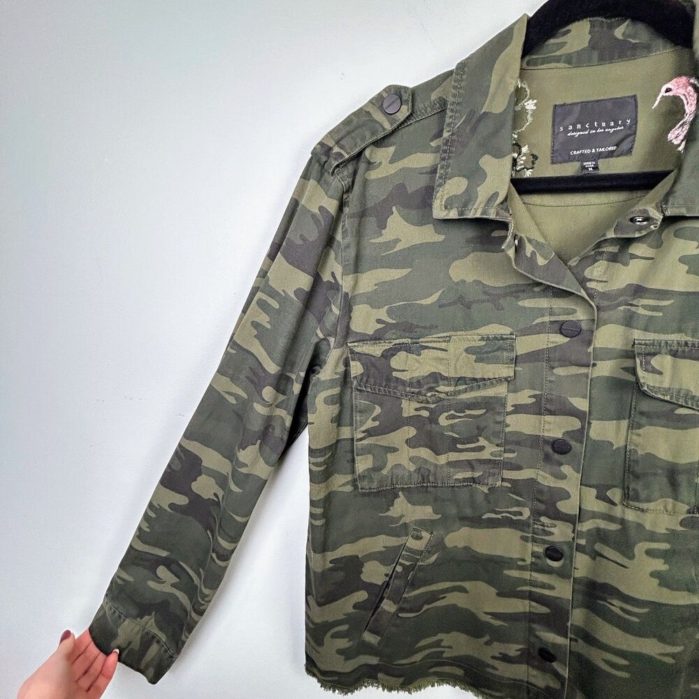 Sanctuary Fray Hem Utility Jacket Green Camo Cotton Canvas Snap Front Military M - Picture 5 of 13